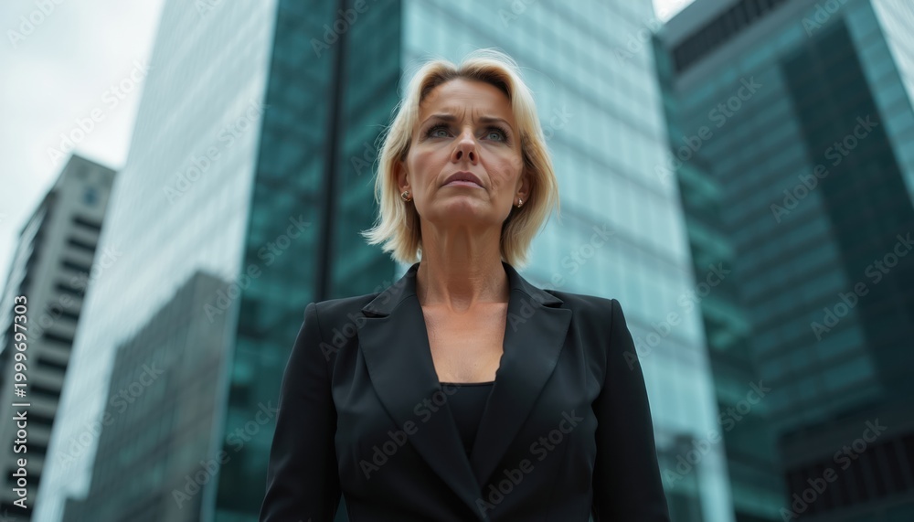 Fototapeta premium Woman in black suit looks up with determination. Modern skyscrapers loom behind her in city setting. She embodies strength, ambition. Professional female leader stands outdoors. She has blonde hair.