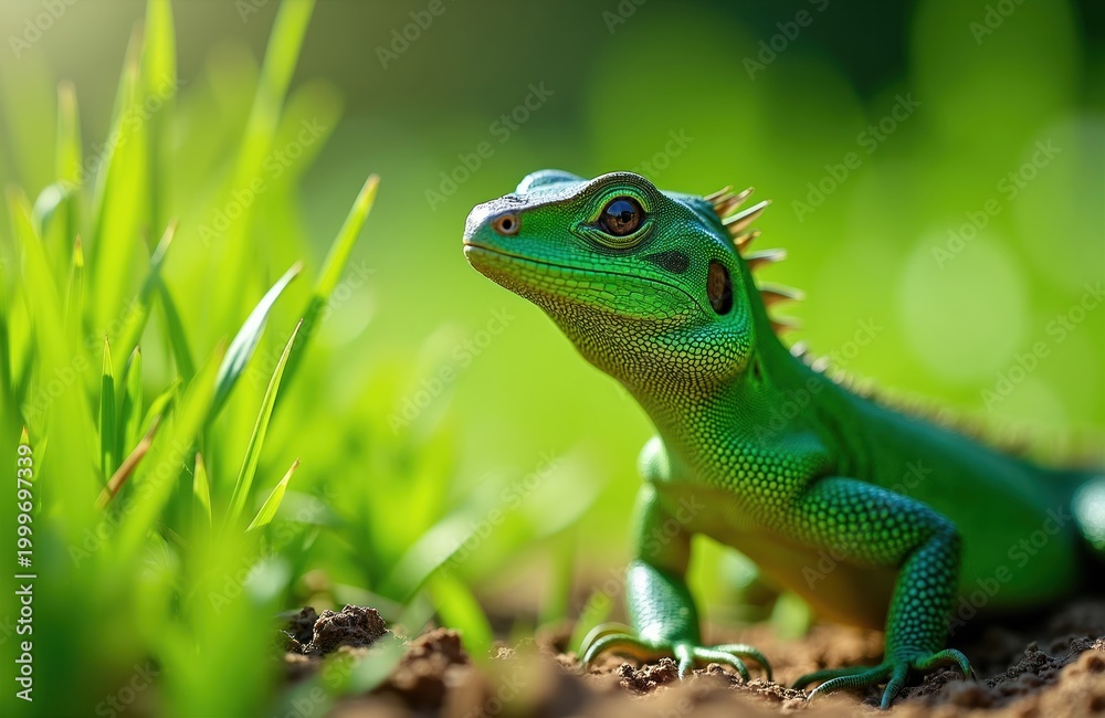 Fototapeta premium Green lizard stands on soil near blades of grass. Small reptile with textured skin, spiky crest dark eyes. Animal waits, watches in natural outdoor environment. Bright sun illuminates jungle floor.