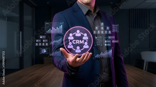 Businessman Hands Presenting Glowing Crm Interface Visualizing Collaboration and Customer Relationship Management