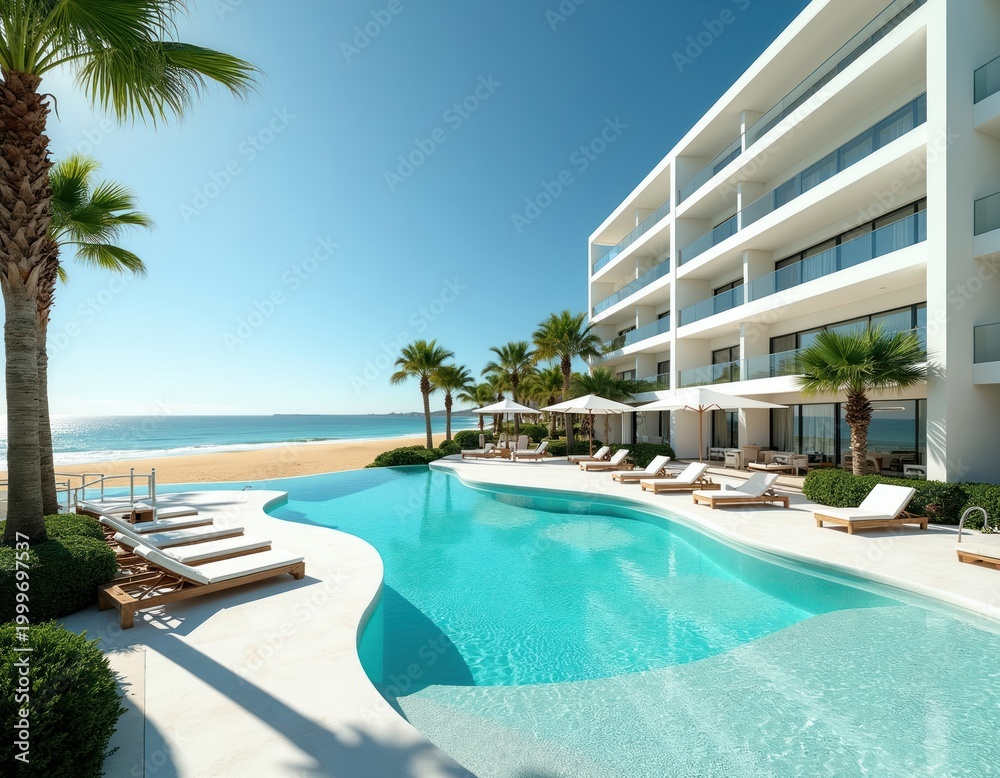 Fototapeta premium Modern white hotel sits by ocean beach with large turquoise pool. Palm trees surround luxury resort. Beach chairs wait near calm sea water on sunny day.