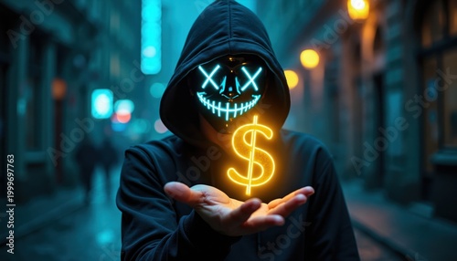 Person in dark hoodie wears glowing mask holding illuminated dollar symbol. Figure represents finance tech cyber crime online business. Concept shows digital economy money management risk. Future