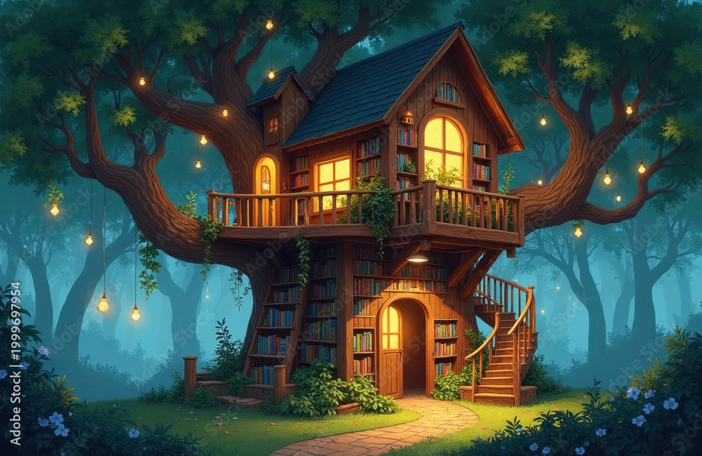 Fototapeta premium Wooden treehouse library in forest at twilight. Fairytale house built on large tree with many books. Outdoor fairy lights glow softly illuminating magical outdoor reading nook for children and adults.