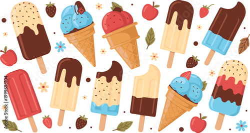 Assortment of ice cream cones and popsicles on white background 