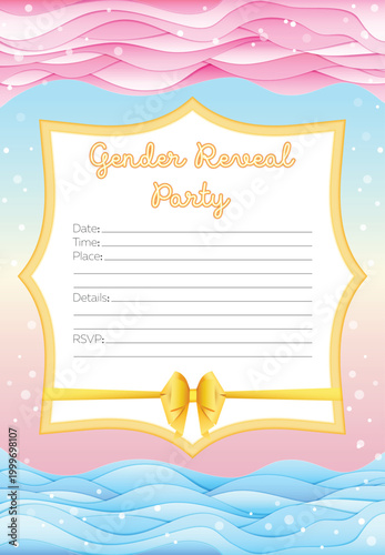Customizable gender reveal party invitation in paper craft style, soft pastel A4 vector illustration featuring blue ocean, pink sky and blank for personal information