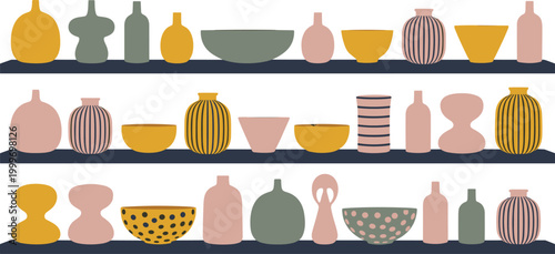 Collection of abstract ceramic vases and bowls on shelves