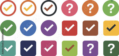 Collection of checkmarks and question marks in colorful circles and squares 