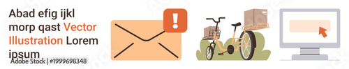 Email notifications, package delivery, logistics, digital communication, e-commerce, remote work. An envelope with exclamation icon, delivery bicycle with parcel and cursor on computer screen. Email