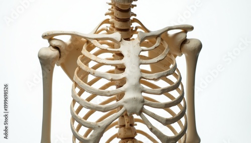 Human skeleton rib cage and upper body bones isolated on white. Shows detailed thoracic structure including ribs sternum and shoulder joints.