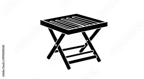 Vector illustration of black folding stool icon with slatted top and xframe legs on a transparent background