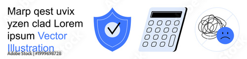 Security, calculation, stress management, financial planning, budgeting, mental health. A blue shield with a checkmark, a gray calculator and a sad face over scribbles. Security and calculation