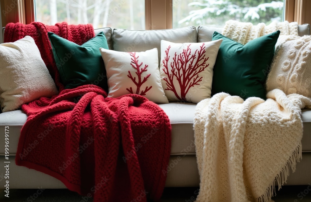 Naklejka premium Cozy couch with knit blankets and pillows in red green and cream. Festive winter home decor with snowflake pattern cushion detail. Soft furnishings for comfortable atmosphere.