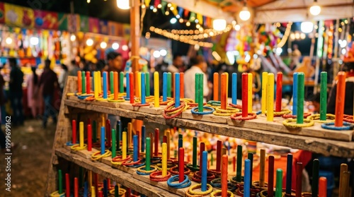Medium frame capturing brightly painted ring toss sets stacked on shelves highlighting vibrant colors with a festive fair ambiance softly blurred behind.