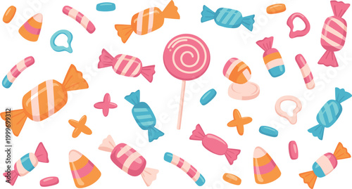 Assortment of colorful candies and sweets on white background