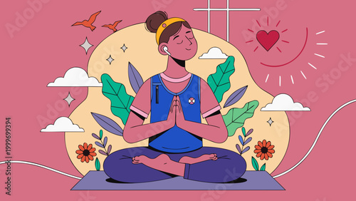 Illustration of a woman meditating with hands in prayer pose, surrounded by nature and symbols.