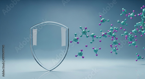 3D render of a protective transparent shield deflecting a cluster of blue and purple molecules concept of defense