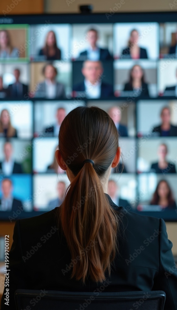 Naklejka premium Woman in suit watches video conference on large screen with many people. Business team connects remotely for online meeting and strategy discussion, remote teamwork.