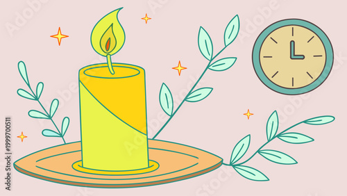 Flat vector illustration of a candle and clock. Symbolizing patience, deadline, burning the midnight oil, soul searching, and the passage of time in business or life.