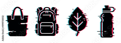 Tote bag, backpack, leaf, and water bottle icons with a modern digital glitch effect, representing sustainability and everyday items.