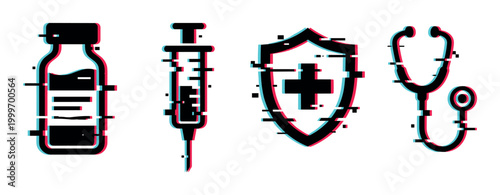 Medical icons with glitch effect featuring a vial, syringe, shield, and stethoscope representing modern healthcare challenges.