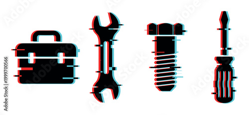 Toolbox, wrench, bolt, and screwdriver icons with a modern digital glitch effect, representing repair and maintenance.