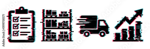 Logistics icons representing supply chain management, inventory control, delivery services, and business growth with a modern digital glitch effect.