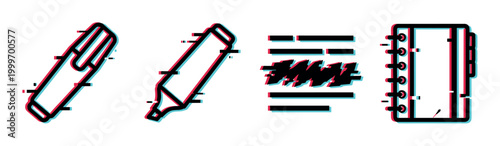 Marker, highlighter, text, and notebook icons with a modern digital glitch effect, representing education and office supplies.