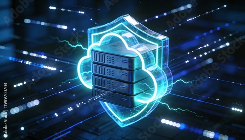 Secure cloud storage protected by digital shield and encrypted data streams, cybersecurity protection for online backup systems and modern cloud computing infrastructure	