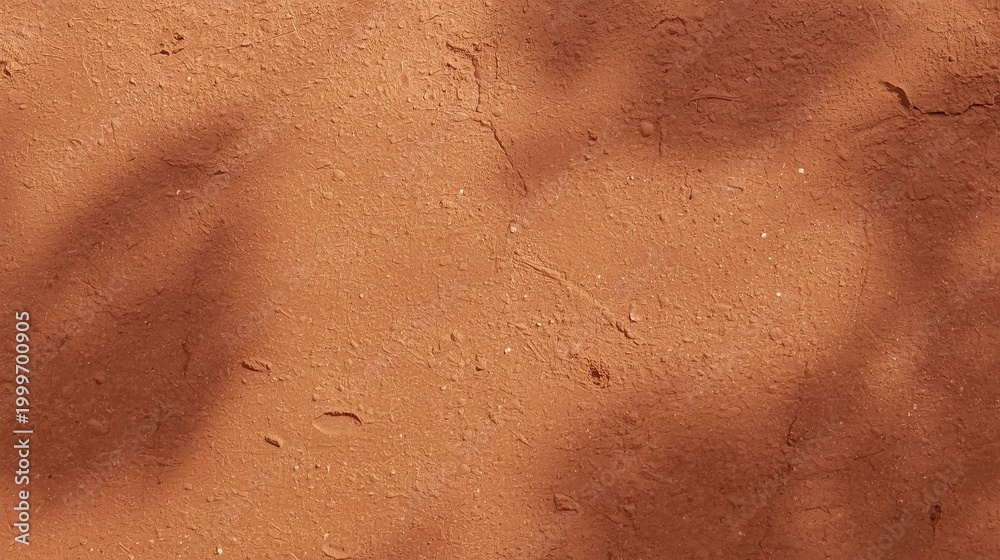 Fototapeta premium Rich warm terracotta clay wall texture with natural shadow gradients. Earthy red-brown surface background for boho, wellness, pottery, and summer brand campaigns 2026.