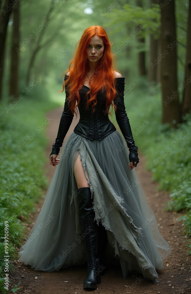 Fototapeta premium Redhead woman in gothic dress walks forest path. Full body shot of fantasy female in torn gown and leather boots. Mystical woodland journey on dirt road.