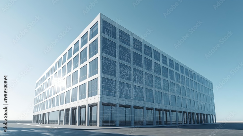 Fototapeta premium Modern glass office building with transparent digital twin wireframe data overlay. Smart building and IoT infrastructure concept for technology, real estate, and construction brand visuals 2026.