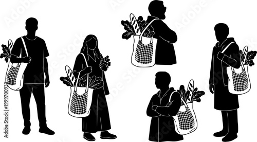 Sustainable Lifestyle Silhouette, Person Carrying Grocery Tote Bag with Fresh Vegetables Vector for Eco-Friendly Branding