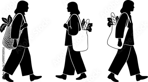 Sustainable Lifestyle Silhouette, Person Carrying Grocery Tote Bag with Fresh Vegetables Vector for Eco-Friendly Branding