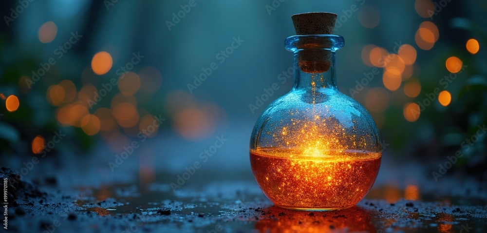 Fototapeta premium Glass bottle holds glowing orange liquid with sparkling particles. A mysterious amber fluid sits within an ornate vial. This magical concoction seems alive and ready for use.