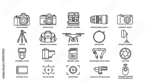 Set of thin line photography and camera icons including lenses, tripod, lighting and shooting tools. Clean outline symbols for photo studio, media production and creative design use.