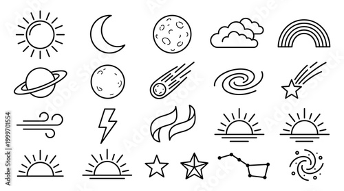 Sun, moon, and weather icon collection with celestial bodies, atmospheric symbols, and seasonal elements in clean minimal outline style.