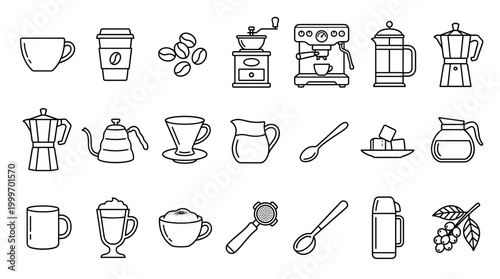Coffee and beverage line icon set featuring cups, teapots, espresso machines, mugs, and drink elements in clean hand drawn outline style.