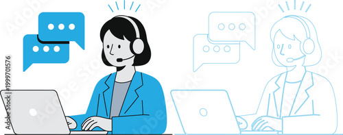Customer service representative woman working on laptop with headset and chat bubbles vector illustration