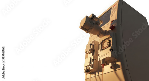 Professional medical dialysis machine for blood filtration and treatment, close up view of laboratory equipment in sterile hospital setting.