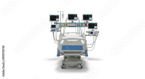 Modern intensive care unit hospital bed equipped with multiple digital patient monitors and life support systems on white background.