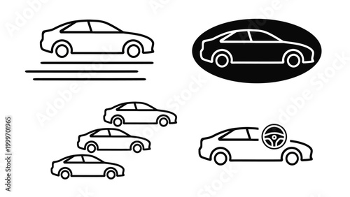 Cars solid linear icon set. Traffic jam , automobile, car, driving, transport and auto symbol. Vector editable illustration