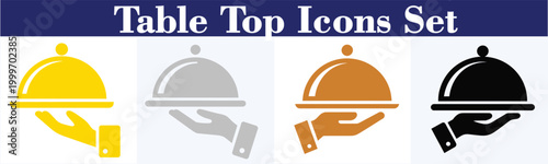 A set of four table top serving cloches, depicted in yellow, grey, orange, and black, are shown held by hands on trays.