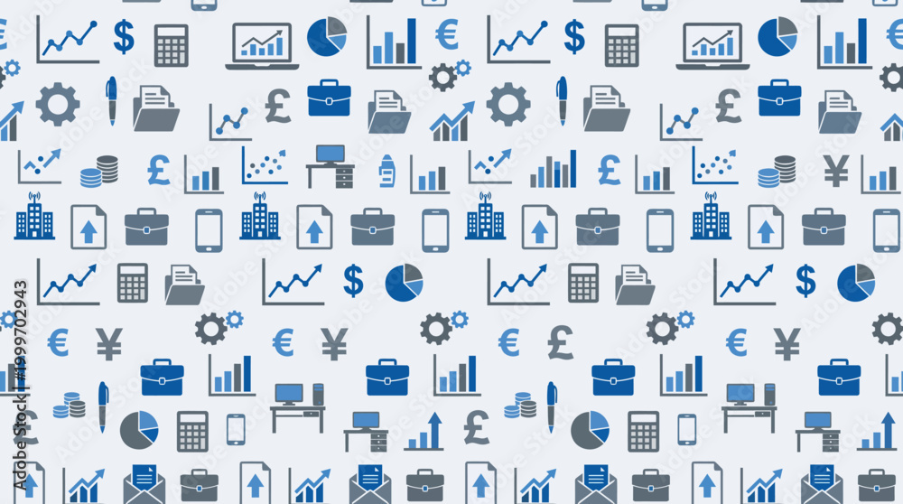 Obraz premium Seamless pattern of blue business and analytics icons.