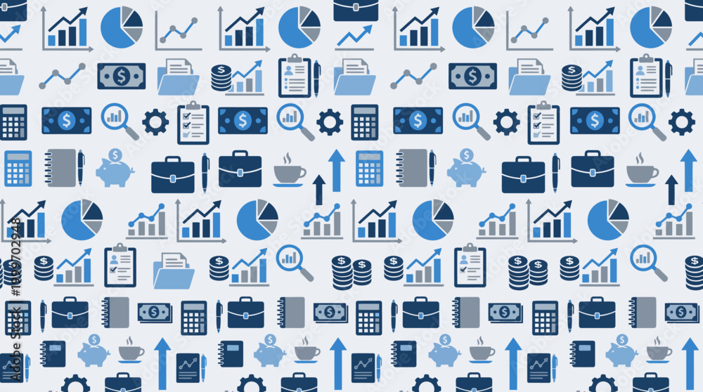 Obraz premium Seamless repeating pattern of blue and gray business icons.