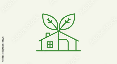 Eco-friendly home icon with green leaves on roof, symbolizing sustainable living, environmental awareness, and eco-conscious real estate development