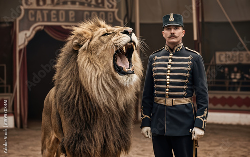 Caucasian lion tamer in vintage uniform standing next to a roaring lion (Panthera leo) in a circus, brave and calm man
