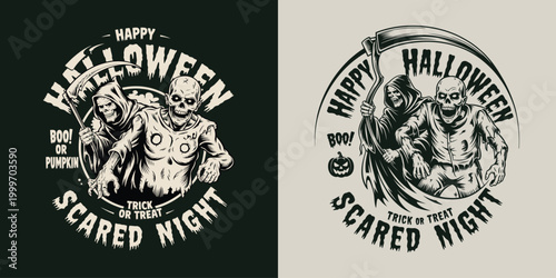 Happy halloween scary night vintage round label with walking zombies.