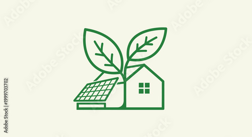 Green Energy House Symbol with Solar Panel and Leaves, Eco-Friendly Home Concept