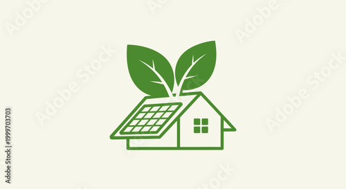 Eco-friendly home with solar panels and green leaves, representing sustainable living and renewable energy