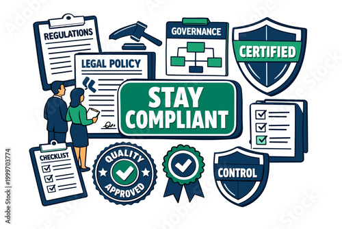 Compliance Governance Control Corporate compliance scene with two specialists reviewing an oversized legal policy board and giant certification shield, small