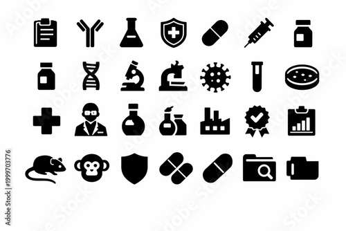 Medical research icons for vaccine development, drug discovery, and scientific innovation
